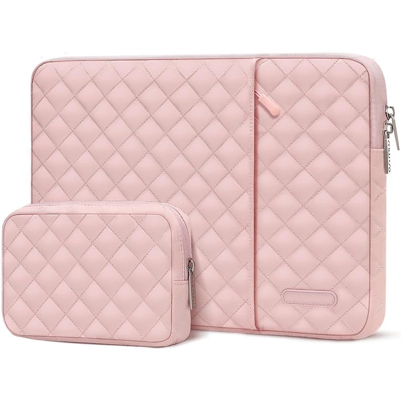 ZORBES® 15'' Laptop Bag & SSD Pouch, Set of 2 Fashion Quilting Padded Laptop Bag with Zipper Compartment, Waterproof Anti-scratch Travel Laptop Bag, Universal fit for 15-15.6'' Laptop, Pink