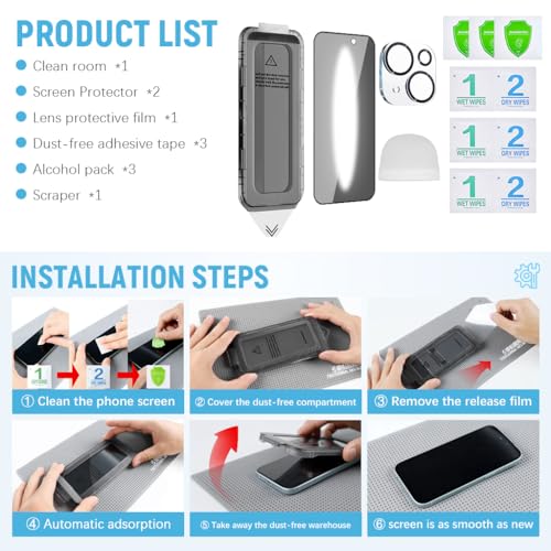 Zeitel® Privacy Screen Protector for iPhone 15 6.1 inches Tempered Glass Easiest 2-Step Installation Auto-Alignment HD Screen Protector Kit with 2 Pieces Screen Protectors and Accessories