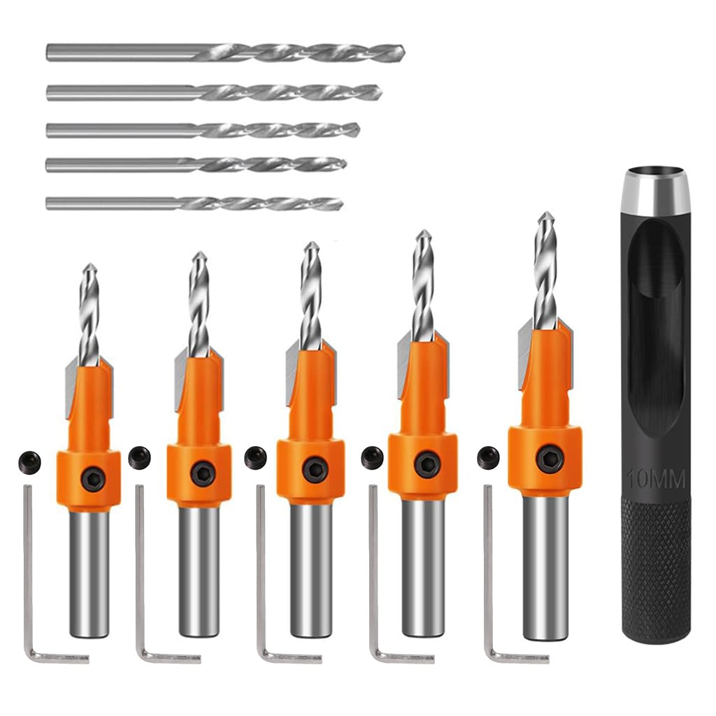 Serplex® 10Pcs Wood Countersink Drill Bit Set, 5Pcs Countersink Drill Bit with 5Pcs Extra Pilot Drilling Bits with 5/16" Round Shank, Counter Sinker Drilling Bits Set for Woodworking