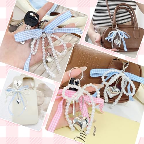 ZORBES® 4PCS Pearl Bow Charms Ribbon Bag Keychain Sweetly Stylish Beading Decorative Handbag Keyring Phone Sling Strap