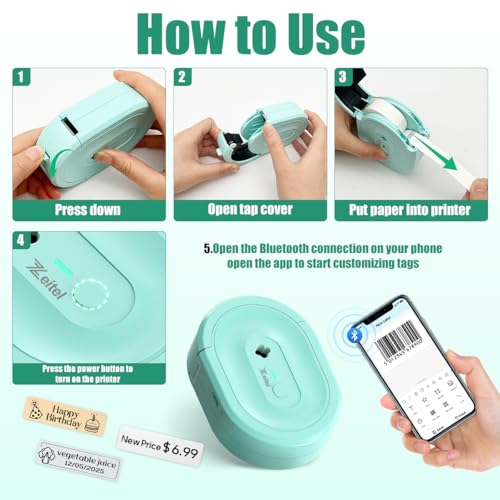 Zeitel® No Ink Thermal Label Printer, Mini Sticker Printer for iOS & Android, 203DPI Wireless Pocket Label Maker for Home, Office, Organization & DIY, with 1 Roll 14x40mm Sticker Lables