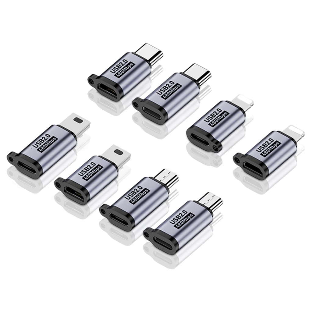 Verilux® 8Pcs USB Adapters Multi Charging Adapters Type C Female to Light-ning Male Micro To Mini USB Adapter Male to Female Converters Universal Adapter Converters for Charging