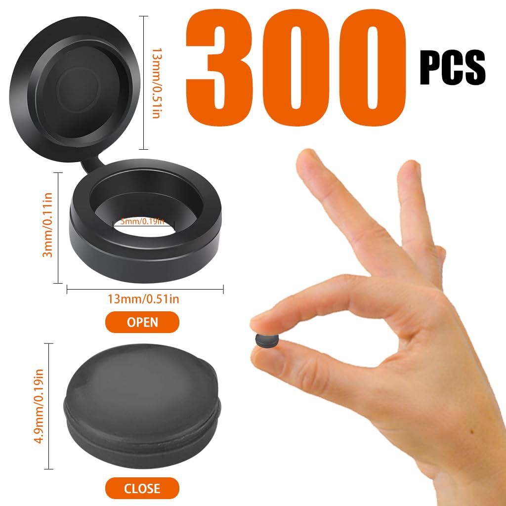 Serplex® 300Pcs Plastic Hinged Screw Cover Caps, Folding Screw Cover Cap, Snap Washer Covers Flip Tops for Covering Screw Heads, Screw Protection for Home & Industrial Use (Black)
