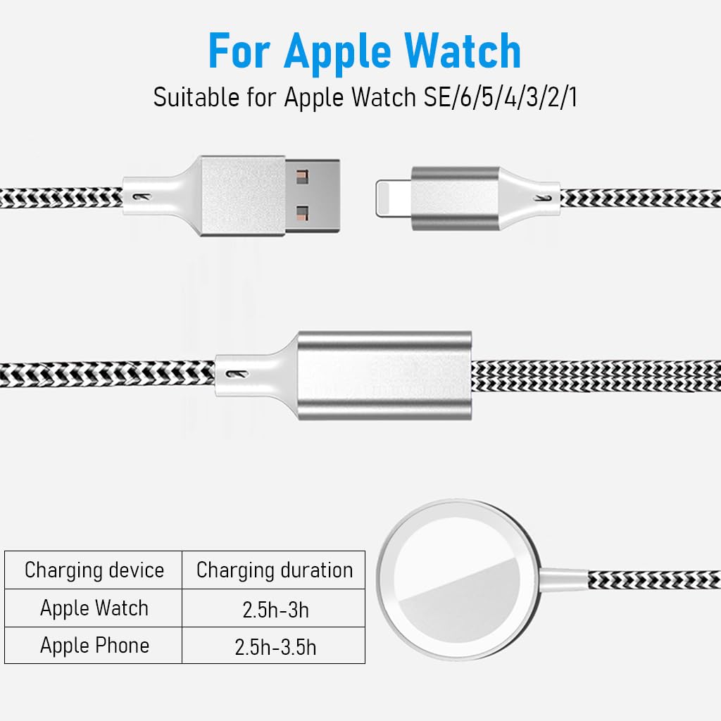 ZORBES® For Apple Watch Charger 2-In-1 Smart Watch Charger For Apple Watch Se/6/5/4/3/2/1&For Iphone 14/13/12/11/Pro/Max/Xr/Xs/X/Airpods Series For Apple Watch Charger Cable Charging,3.3Ft,Silver