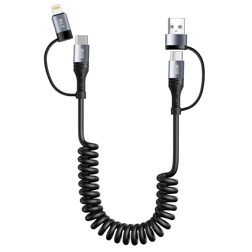 Verilux® Coiled Cable 4 in 1 Multi Charging Cable 60W Fast Charging Retractable Charger Cord for 15/14
