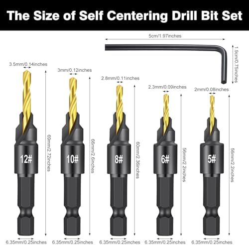 Serplex® 14Pcs Countersink Drill Bit Set, 5 Wood Drill Bits and 8 Plug Cutters with L-Wrench, Titanium-coated 1/4 Inch Hex Shank Quick-Change Wood Plug Cutter Set for Woodworking-Silver