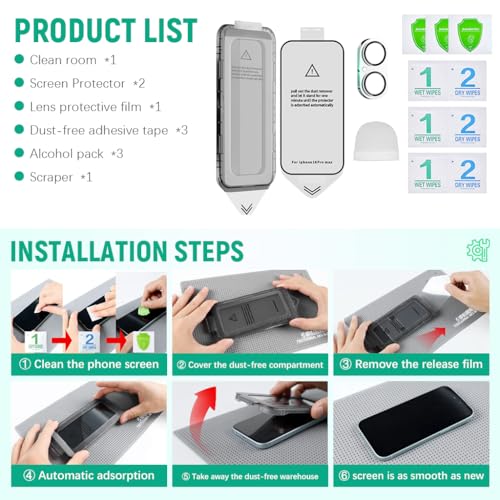 Zeitel® Screen Protector for iPhone 16 Tempered Glass Easiest 2-Step Installation Auto-Alignment HD Screen Protector Kit with 2 Pieces Screen Protectors and Accessories