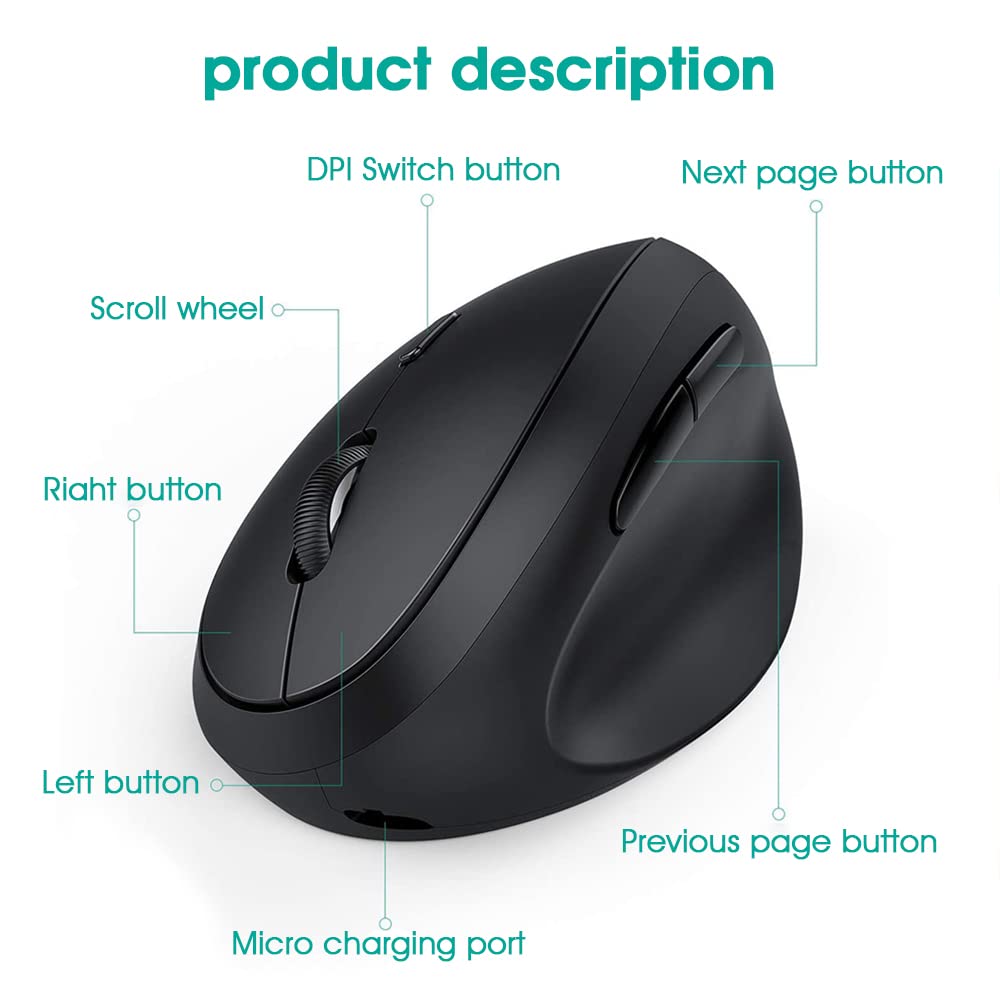 Verilux® Wireless Vertical Mouse, Ergonomic Rechargeable 2.4G Wireless Mouse