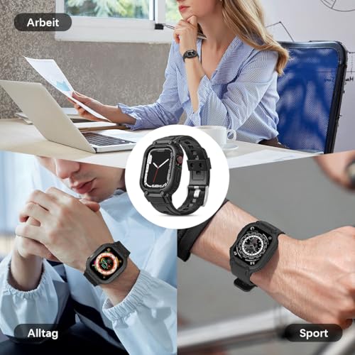 ZORBES® Compatible with Apple Watch 45mm/44mm Watch Band with Case Bumper Band Adjustable Waterproof TPU Watch Strap for Apple Watch SE/4/5/6/7, for Men and Women, Black