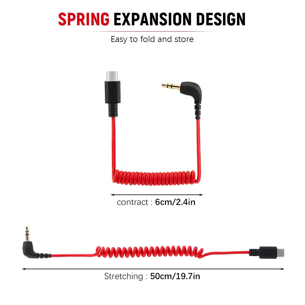 Verilux® USB C to 3.5mm Jack Audio Cable for i Phone 15 Coiled Audio Cable TRS Microphone Adapter Universal Mic Cable for Sony, for Boya Microphones & Audio Equipment