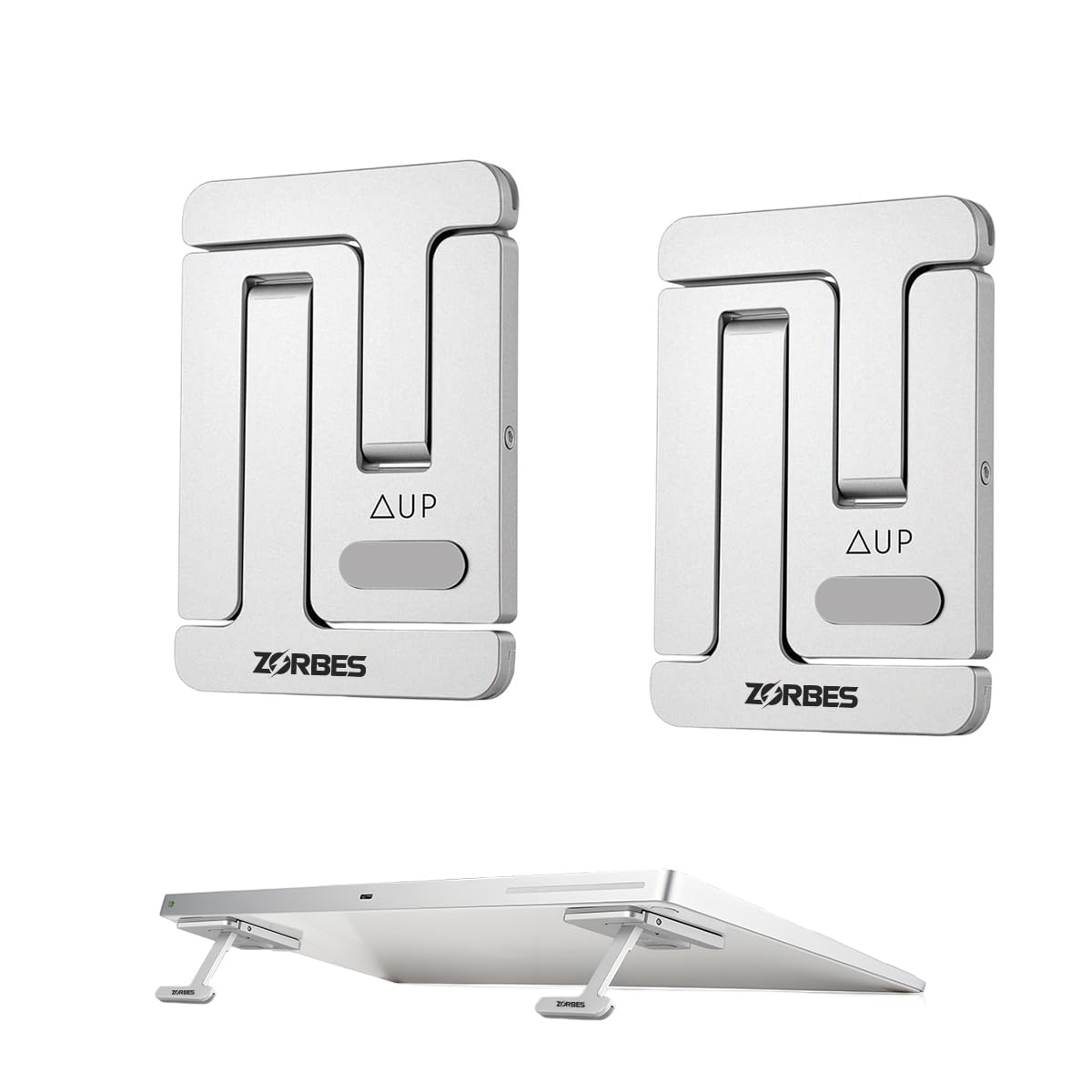 ZORBES® Laptop Risers, 2Pcs Aluminum Alloy Laptop Stands with 3 Adjustable Height, Folding Self Adhesive Compact Laptop Riser for Ergonomic Typing, Heat Dissipation, and Stable Support