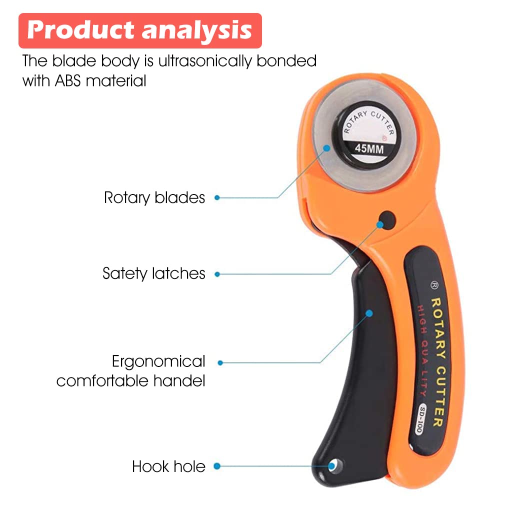 ZORBES® Alloy Steel 45mm Rotary Manual Cutter Roller with 10 Blades, Lock Button for Paper, Fabric, Cloth, Leather Craft