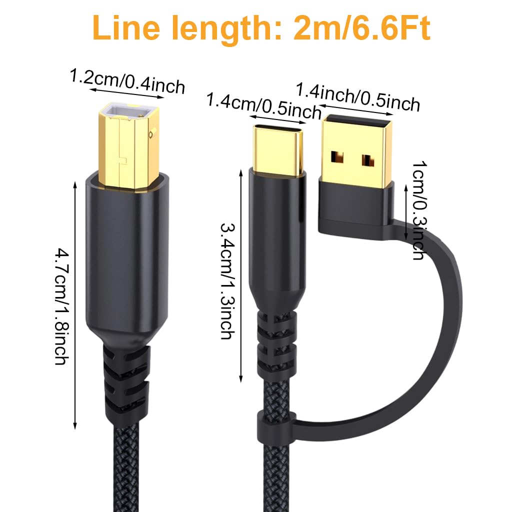 Verilux USB Printer Cable for HP Canon Epson with 6.6ft Length and Dual USB C & Type A | 480Mbps Data Transfer