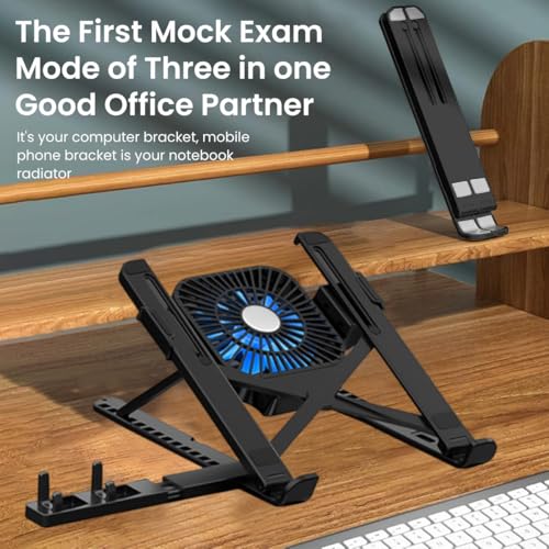 ZORBES® Laptop Stand 3 in 1 Laptop Riser with Cooling Fan & Phone Holder Adjustable Height and Angle Design 11-17'' Stand Anti-Slip Riser Folding,Black