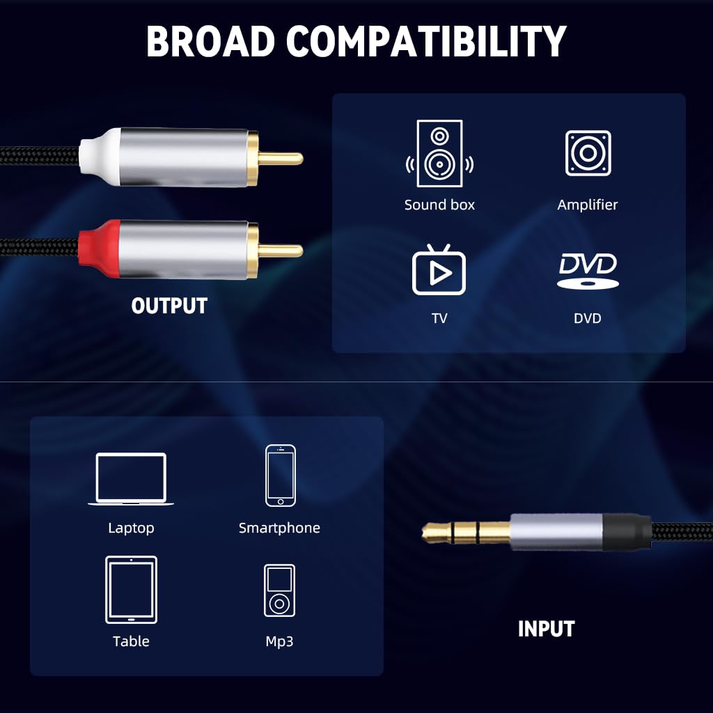 Verilux 3.5 mm to 2 RCA Cable for Car and Home Audio with Gold Plated Connectors | 9.8 ft Nylon Braided