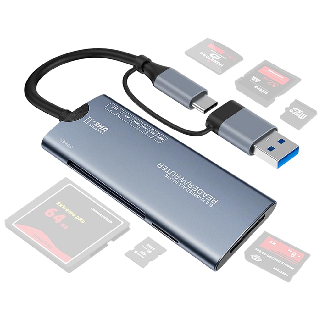 ZORBES® 6-in-1 SD Card Reader with UBS 3.0 & Lighting, 5Gbps Card Reader Supports TF/SD/MS / M2 / xD/CF Cards with Aluminum Alloy Housing, Universal for iPhone, iPad, Camera, Laptop, PC, Phone