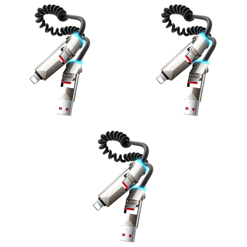 Verilux Type C Cable 4 in 1 for iOS and Android with 240W PD Fast Charging featuring Spiral Elastic Design and RGB Indicator | 6.5 ft Stretchable 3 Pack