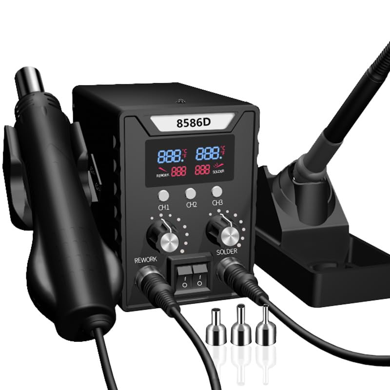 Serplex® 2 in 1 Hot Wind Gun Solder Iron SMD Rework Soldering Station Kit 700W/220V Tabletop Hot Wind Gun Tin Solder Iron Working Station Adjustable SMD Soldering Station with Dual LCD Digital Display