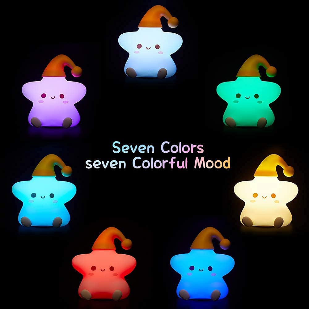 Verilux Night Light for Kids Bedroom with 7 Colour Changing Silicone Star Lamp | USB Rechargeable Baby Bedside Gift