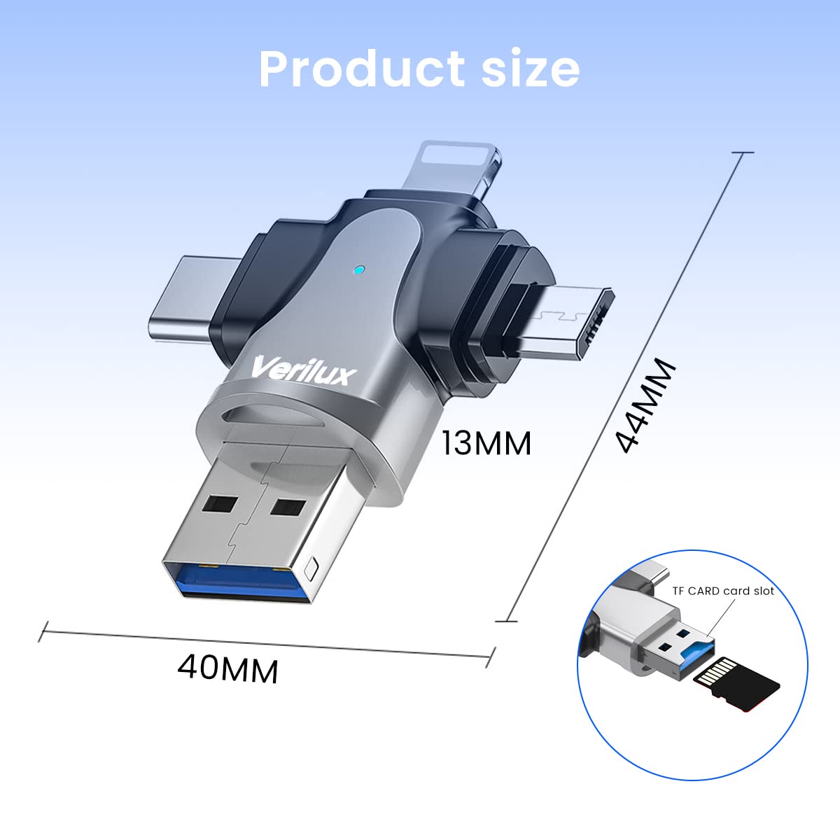 Verilux Micro SD Card Reader 4 in 1 with USB 3.0, Type C, Micro USB and Lightning | Compatible with iPhone, iPad, Android, Macbook and PC