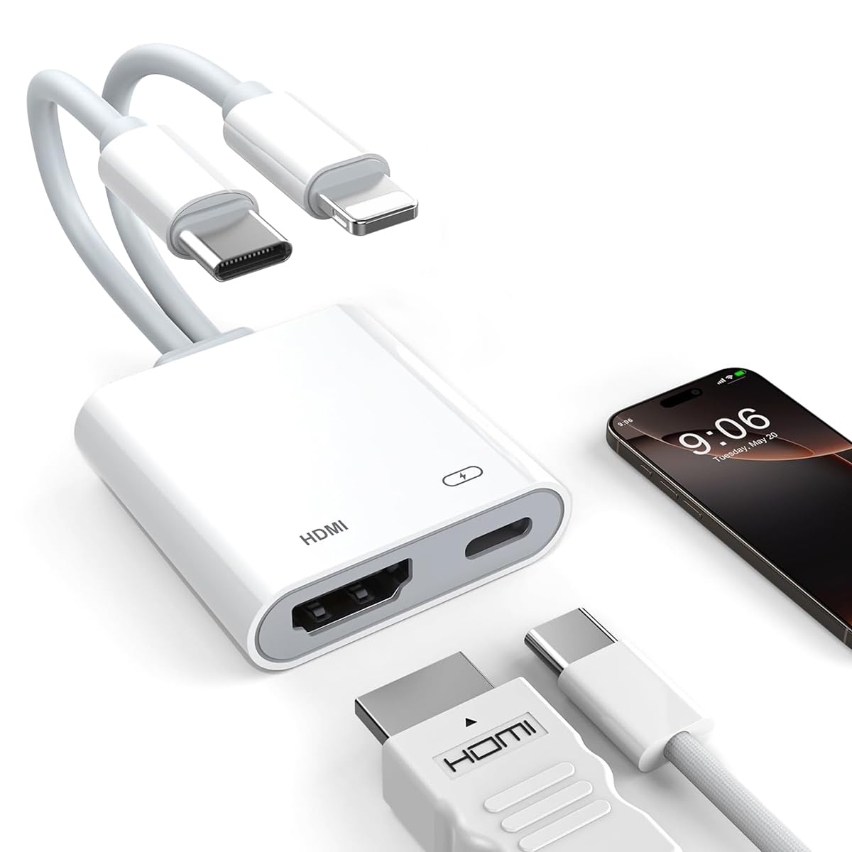 Verilux® 2-in-2 Type C to HDMI Adapter with USB-C & Lighting to Hdmi & Type C, USB C to C Cable with PD 100W Charging & 4K@60Hz Display Output for iPhone 17/16/15/14, Galaxy S25/S24/S23