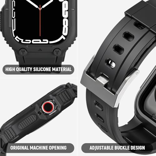 ZORBES® Compatible with Apple Watch 45mm/44mm Watch Band with Case Bumper Band Adjustable Waterproof TPU Watch Strap for Apple Watch SE/4/5/6/7, for Men and Women, Black