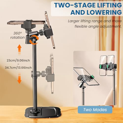 ZORBES® Dual Phone Stand, 360 Degree Rotatable Phone Mount for Two Devices, Adjustable Height and Tilting, Carbon Steel Phone Holder with Square Anti-Slip Base, Livestream Desk Phone Mount