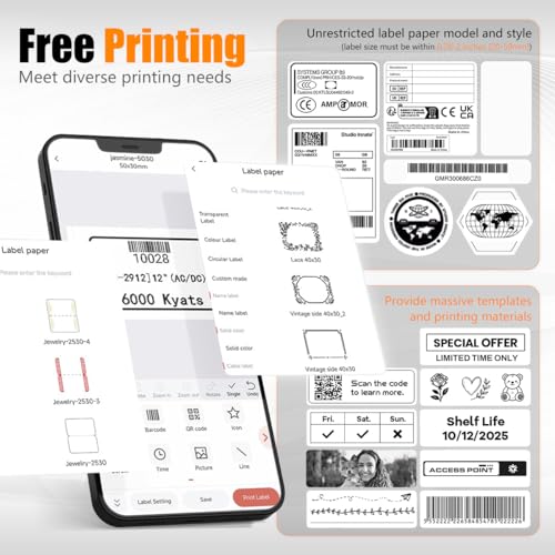 Zeitel® 40mm/s Faster Thermal Label Printer for Home Office Bluetooth Wireless Mini Printer Machine Inkless Portable Label Maker, Mobile & Desktop Compatible, with 1 Roll 30x40mm Sticker Lables
