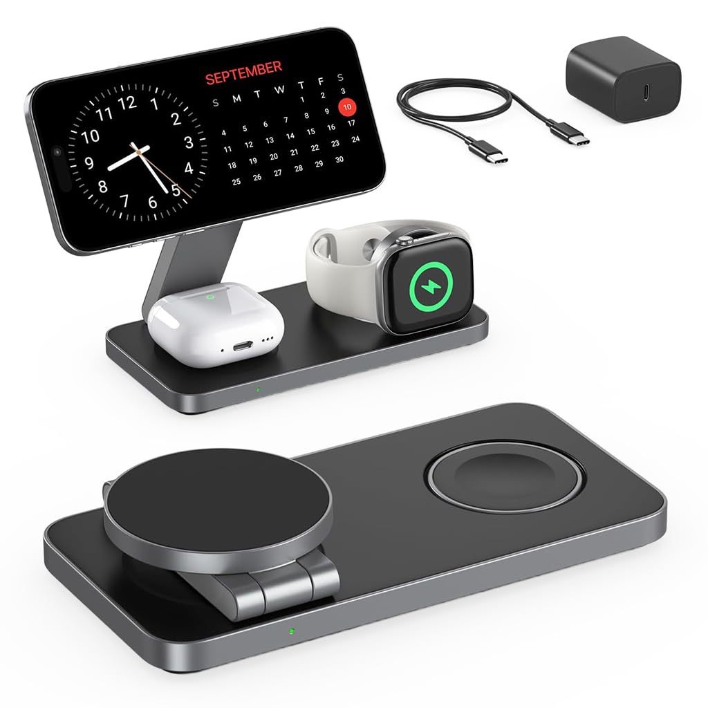ZORBES® 3 in 1 Wireless Charging Dock for iPhone, Wireless Magnetic Folding Charger Dock for Phone, Earbud Case, Smart Watch, Travel Compact Charger with USB C Cable (3.3ft)