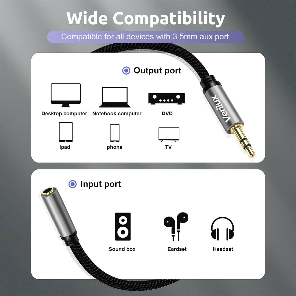 Verilux 3.5mm Audio Aux Cable for Phones and Car | 10ft Extension with 24k Gold Connectors