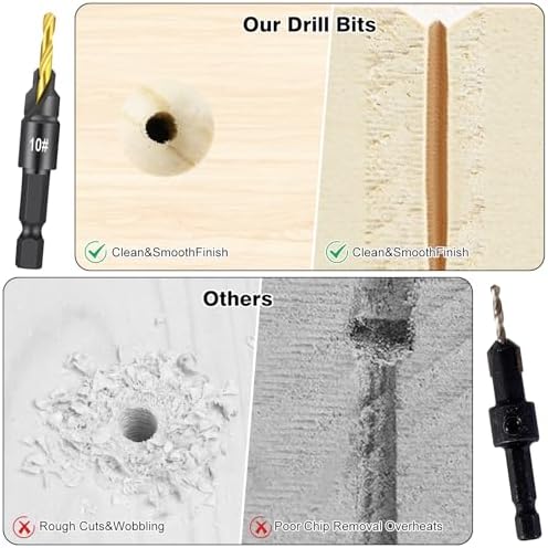 Serplex® 14Pcs Countersink Drill Bit Set, 5 Wood Drill Bits and 8 Plug Cutters with L-Wrench, Titanium-coated 1/4 Inch Hex Shank Quick-Change Wood Plug Cutter Set for Woodworking-Silver