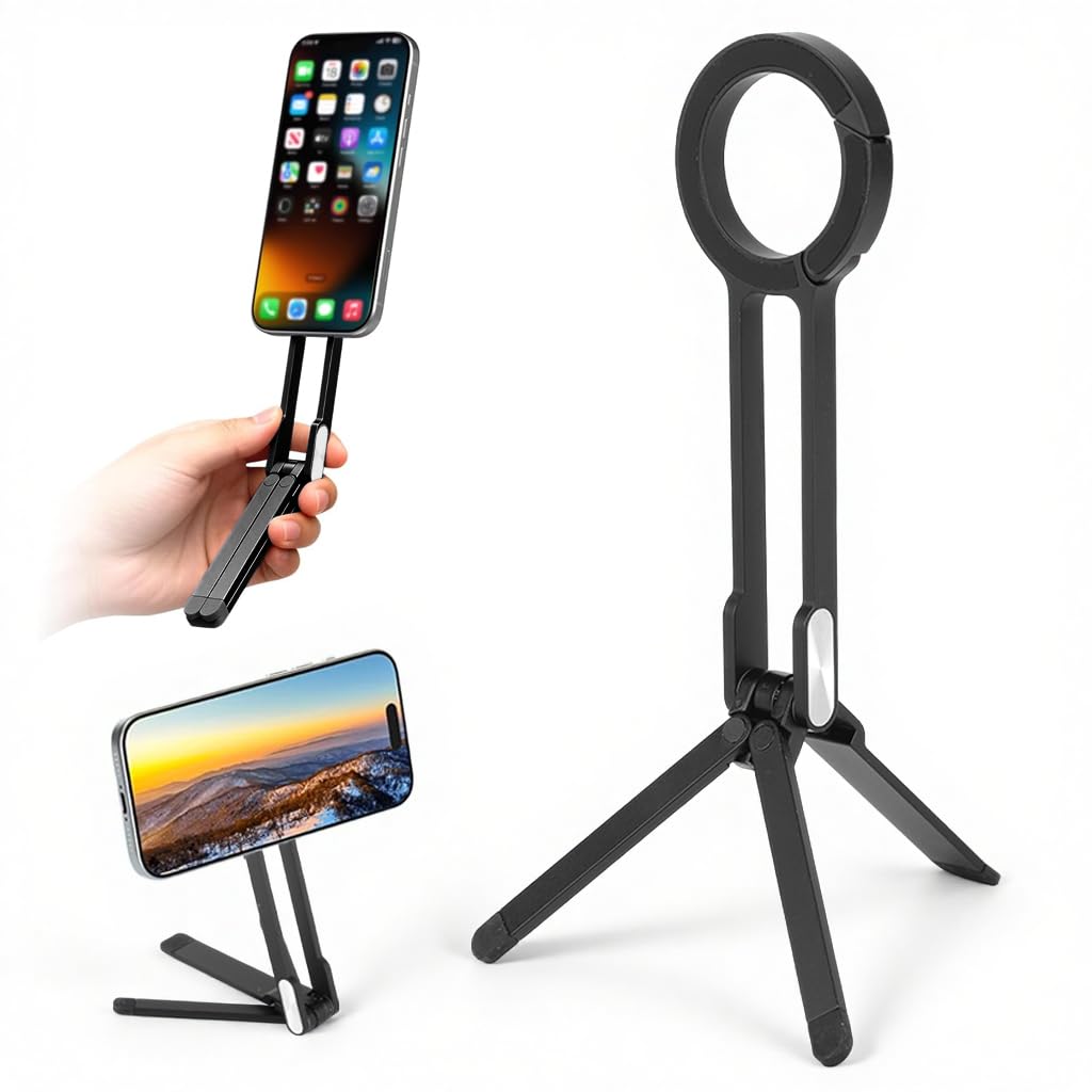 ZORBES® Magnetic Phone Tripod Stand for iPhone, Aluminium Smartphone Mini Tripod Pocket Cell Phone Stand, Folding Strong Magnet Quick Mount Compatible with iPhone 16 15 14 13 12 Series, Black