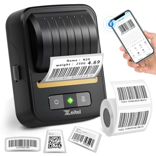 Zeitel® 40mm/s Faster Thermal Label Printer for Home Office Bluetooth Wireless Mini Printer Machine Inkless Portable Label Maker, Mobile & Desktop Compatible, with 1 Roll 30x40mm Sticker Lables