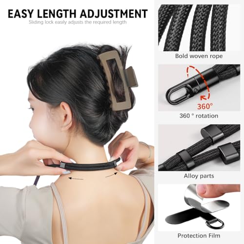 ZORBES® Phone Neck Lanyard, Fashion Nylon Woven Neck Phone Strap with Metal Insert Plates, Adjustable Sliding Cord Lock Design, Detachable Hands-Free Crossbody 60 °Swivel Phone Sling Strap, Black