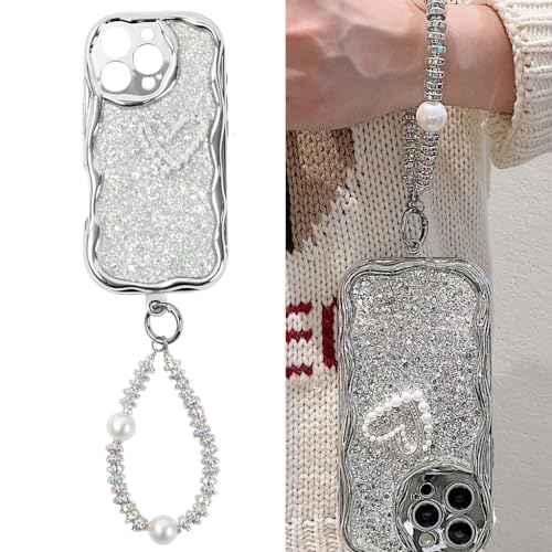 ZORBES® Compatible with iPhone 16 Pro Sparkling Phone Case & Phone Lanyard Set Chic Sliver Glitters Embellishment Phone Case for iPhone 16 Pro Chic Beaded Phone Lanyard Phone Strap Phone Accessories