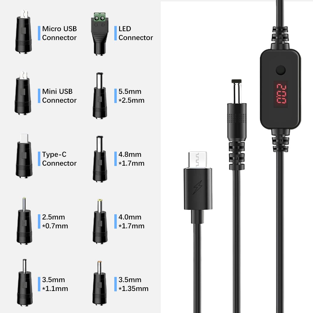 Verilux® USB C to DC Cable with 8 DC Connectors, 5V-20V Adjustable Power Design with Switch Button, 3.3Ft USB C to DC Converter Charging Cable for Notebooks, Portable Monitors, Stationary Routers