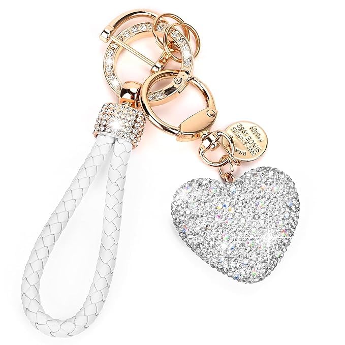 ZORBES® Glittering Heart Charm Keyring Rhinestone Embellishment Alloy Car Keyring Fashion Women Keyring with D-clip & Wriststrap, Multi Use Bag Charm Backpack Charm, Gift for Women, White