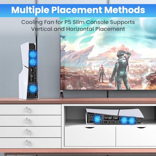 ZORBES® LED Fan for PS5 Slim Console, Quiet Cooler with Memory Function, Accessory with 3 Fans & USB 3.0 Port Compatible with Playstation5 Slim Digital & Discs Edition