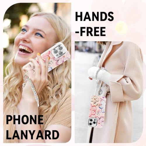 ZORBES® for iPhone 16 Pro Max Cover Case 3D Flower Oil Painting Cute Colorful for Girls Women Full Camera Protection Shockproof Glossy Back with Wrist Strap 3PCS