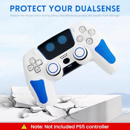 ZORBES® PS5 Controller Case Silicone Protective for Dual Sense with 2 Thumb Grip Caps Touchpad Sticker White Blue 2PCS