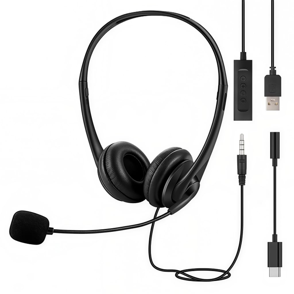 ZORBES® PC Wired Headset with Mic, 3 in 1 USB C/USB Headset with Adapter, Support Volume Control, Noise Reduction Headset kit for Online Study, Meeting, Gaming