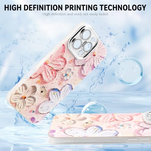 ZORBES® for iPhone 16 Pro Max Cover Case 3D Flower Oil Painting Cute Colorful Girls Women Full Camera Protection Shockproof Glossy Back with Wrist Strap 2PCS