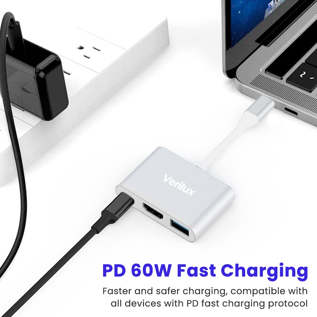 Verilux USB C Adapter with PD Port and 4k@30Hz HDMI for MacBook Air Pro and M1 MacBook