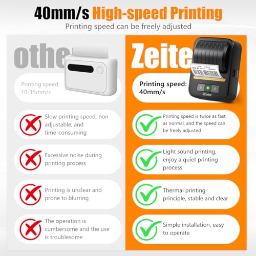 Zeitel® 40mm/s Faster Thermal Label Printer for Home Office Bluetooth Wireless Mini Printer Machine Inkless Portable Label Maker, Mobile & Desktop Compatible, with 1 Roll 30x40mm Sticker Lables