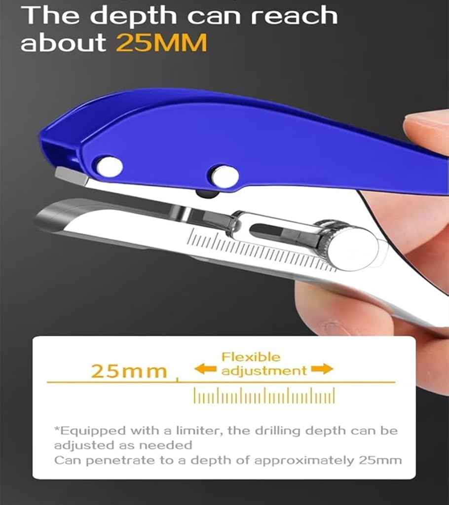 Serplex® Heavy Duty Single Hole Punch 8mm Handheld Hole Punch Tool with Drill & Drill Stop Collar, Maximum Thickness 1.2mm Punching Tool, Paper Puncher for Wooden Edge Bands, Plastic Sheets, Paper