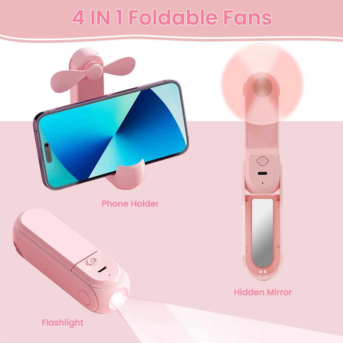 Verilux Folding USB Fan for Travel with 1500mAh Battery and Dual Soft Blades | 4 in 1 Design