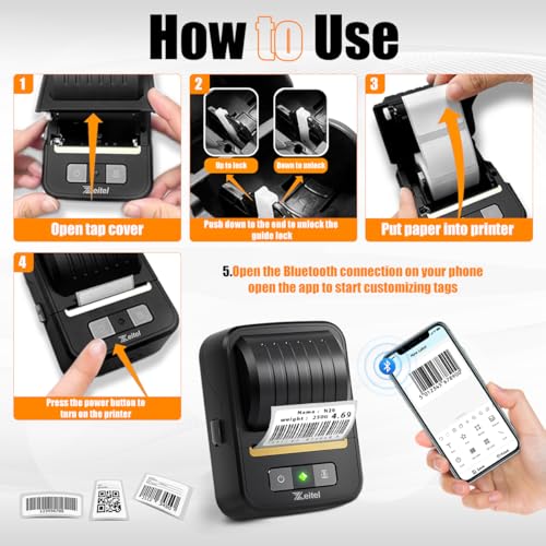 Zeitel® 40mm/s Faster Thermal Label Printer for Home Office Bluetooth Wireless Mini Printer Machine Inkless Portable Label Maker, Mobile & Desktop Compatible, with 1 Roll 30x40mm Sticker Lables