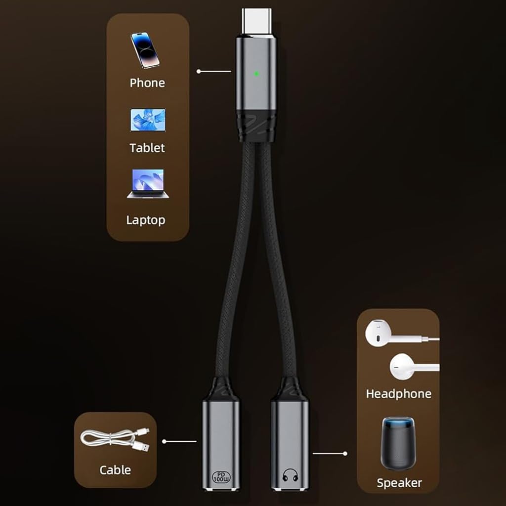 Verilux 2 in 1 Type C Audio and Charging Connector with 100W PD | Simultaneous Music and Power