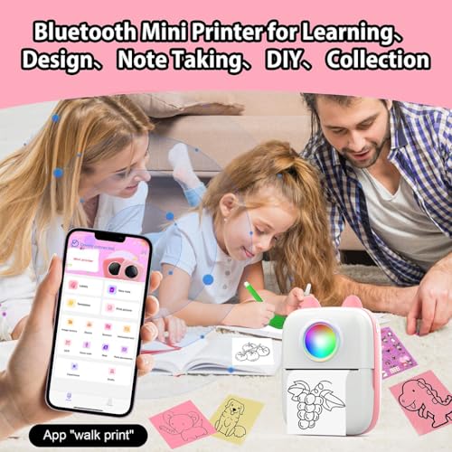 Zeitel® Mini Bluetooth Thermal Printer with LED Portable Label Inkfree Printer for Android iOS System Black on White with 13 Roll Paper 5 Color Pen 1 Kuromi Sticker Pink 3 PCS