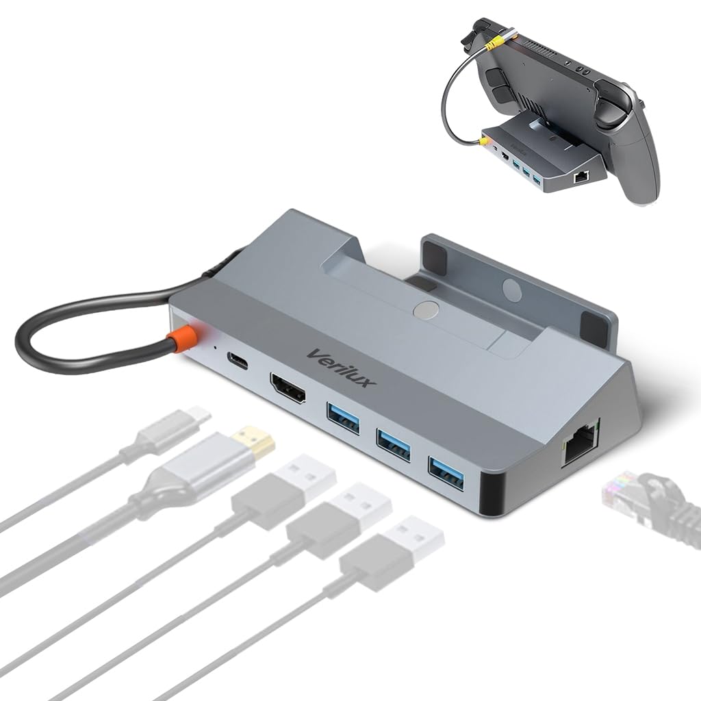 Verilux® USB Hub Dock for Steam Deck 6 in 1 Steam Deck Stand USB Hub Travel USB 3.0 Hub Supports 4K@ 60Hz Video Output, 100W PD Charging, Universal USB Hub Dock for Steam Deck, ROG, Switch